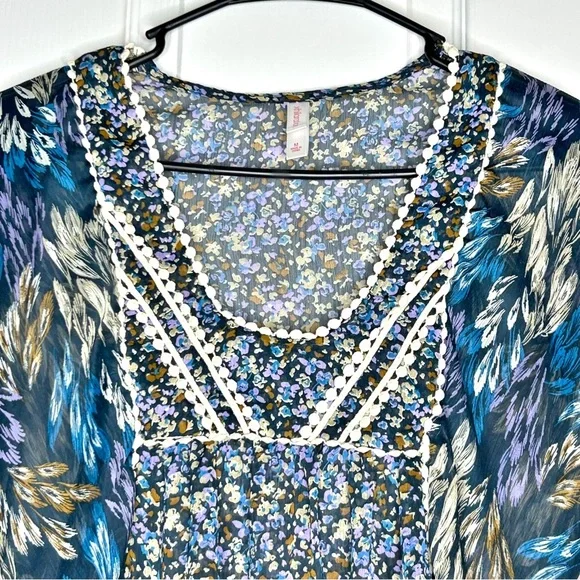 Xhilaration Sheer Blue Floral Boho Peasant Blouse Top Mini Pom Pom Trim Medium - Picture 2 of 9